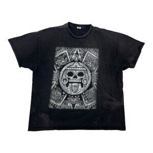Vintage Aztec Calendar Skull T-Shirt Size 2XL Y2K Chicano Grunge Sun Faded